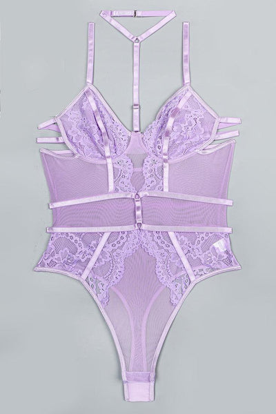 Lavender Lace Mesh Choker Strappy Thong Lingerie Sexy Bodysuit - AMIClubwear