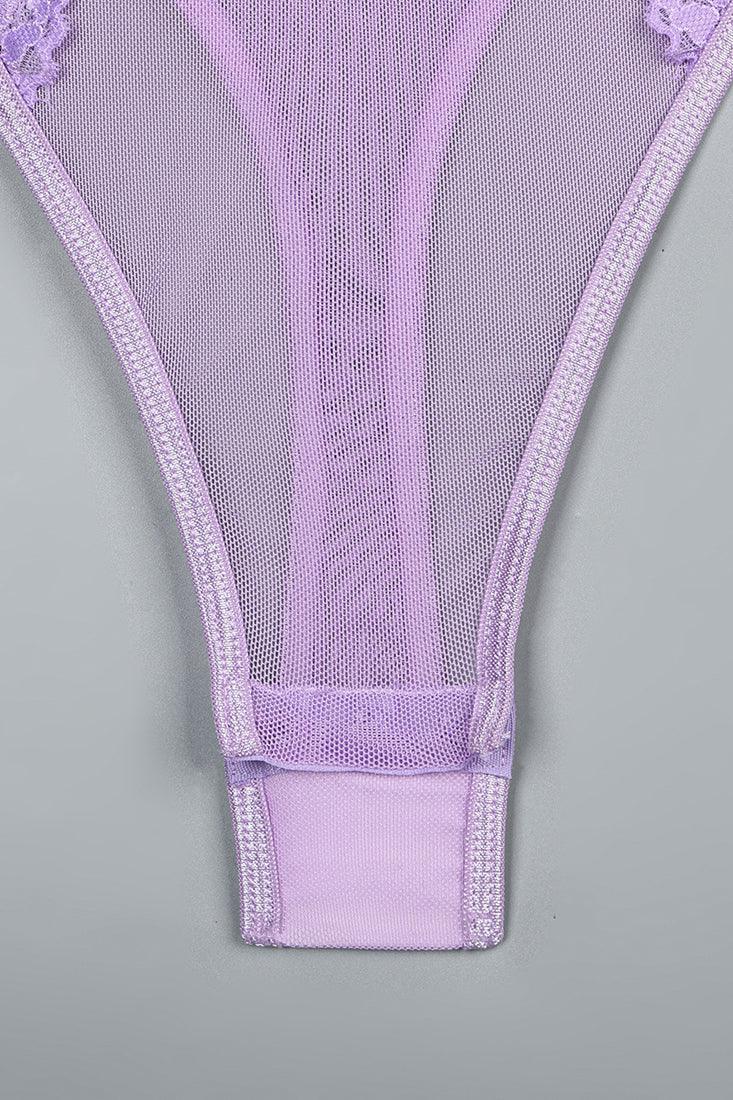 Lavender Lace Mesh Choker Strappy Thong Lingerie Sexy Bodysuit - AMIClubwear