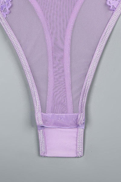 Lavender Lace Mesh Choker Strappy Thong Lingerie Sexy Bodysuit - AMIClubwear