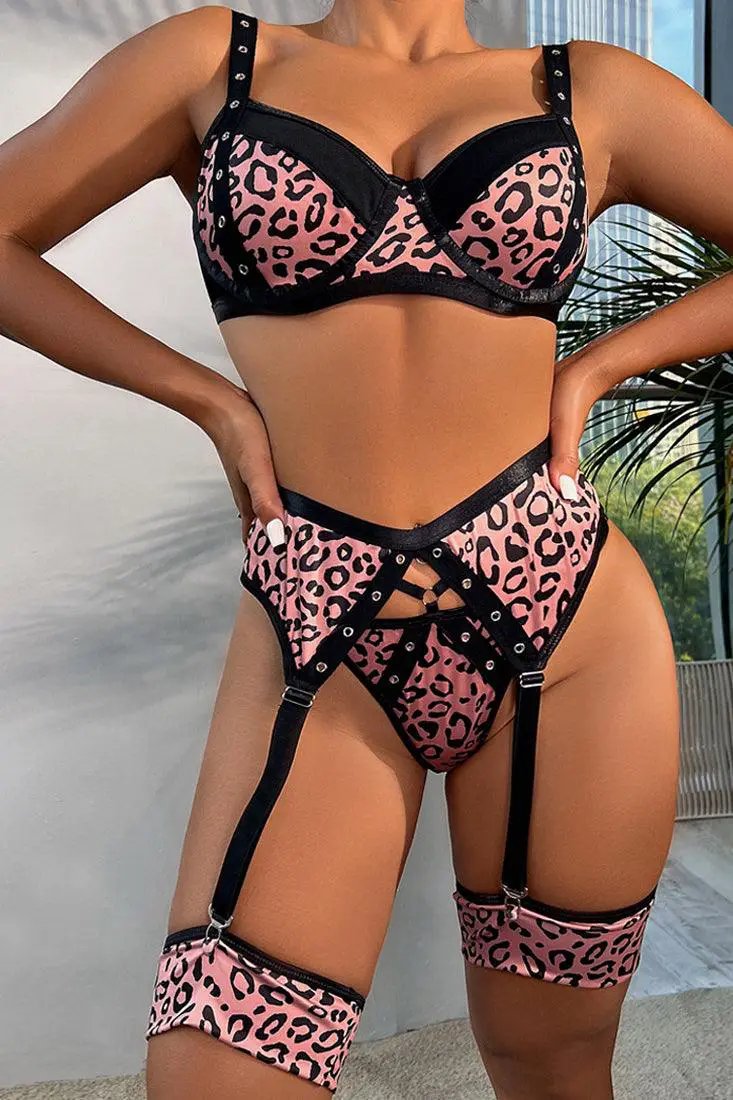 Leopard Print Black Strappy Bra Thong Garter Belt 5Pc Lingerie Set