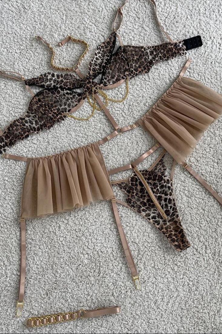 Leopard Print Mesh Chain Garter Thong 6Pc Lingerie Set - AMIClubwear