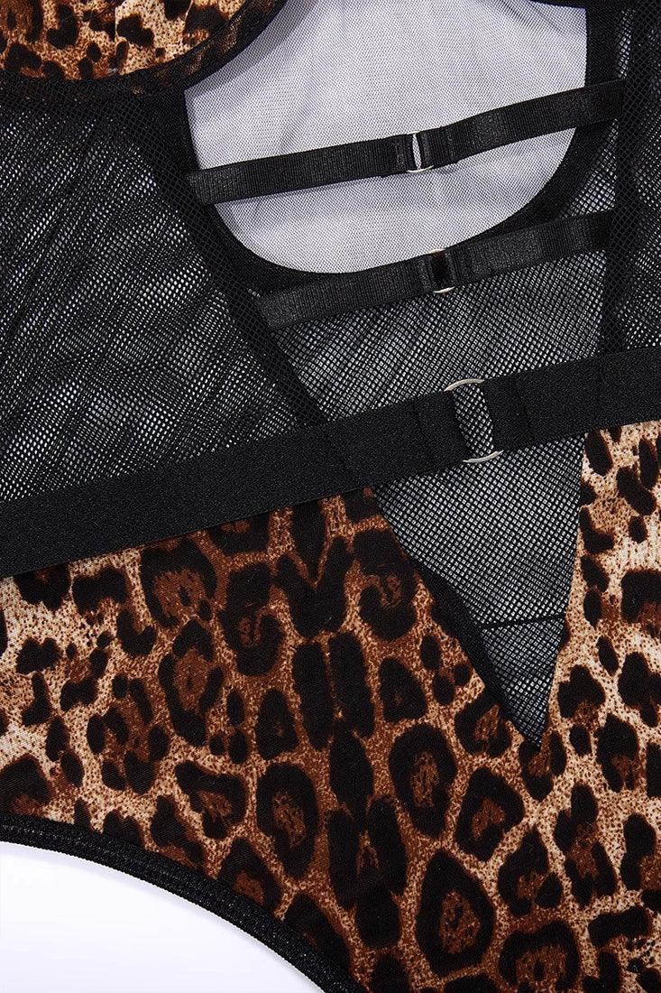Leopard Print Mesh Strappy Thong 1Pc Lingerie Bodysuit - AMIClubwear