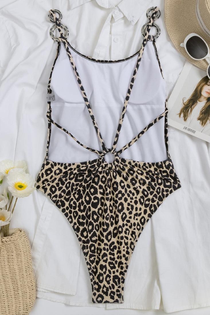 Leopard Print Multi Ring Decor V-Cut Backless Strappy 1 Pc Swimsuit Monokini - AMIClubwear