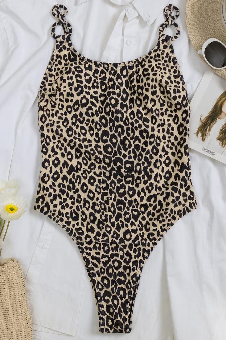 Leopard Print Multi Ring Decor V-Cut Backless Strappy 1 Pc Swimsuit Monokini - AMIClubwear