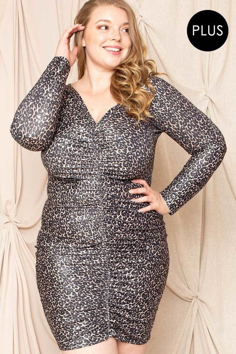 Leopard Print Shirring Plus Size Mini Dress - AMIClubwear