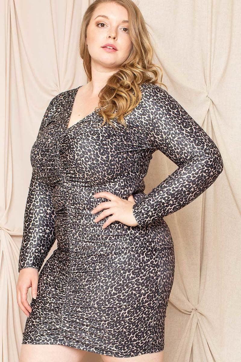 Leopard Print Shirring Plus Size Mini Dress - AMIClubwear