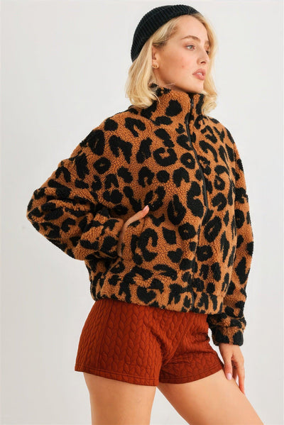 Leopard Teddy Zip-up Two Pocket Jacket - AMIClubwear