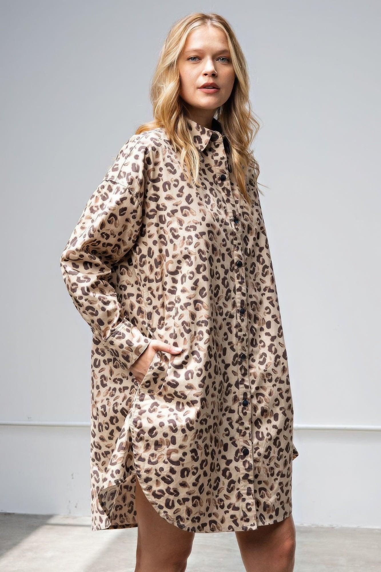 Leopard/animal Printed Shirt Dress - AMIClubwear