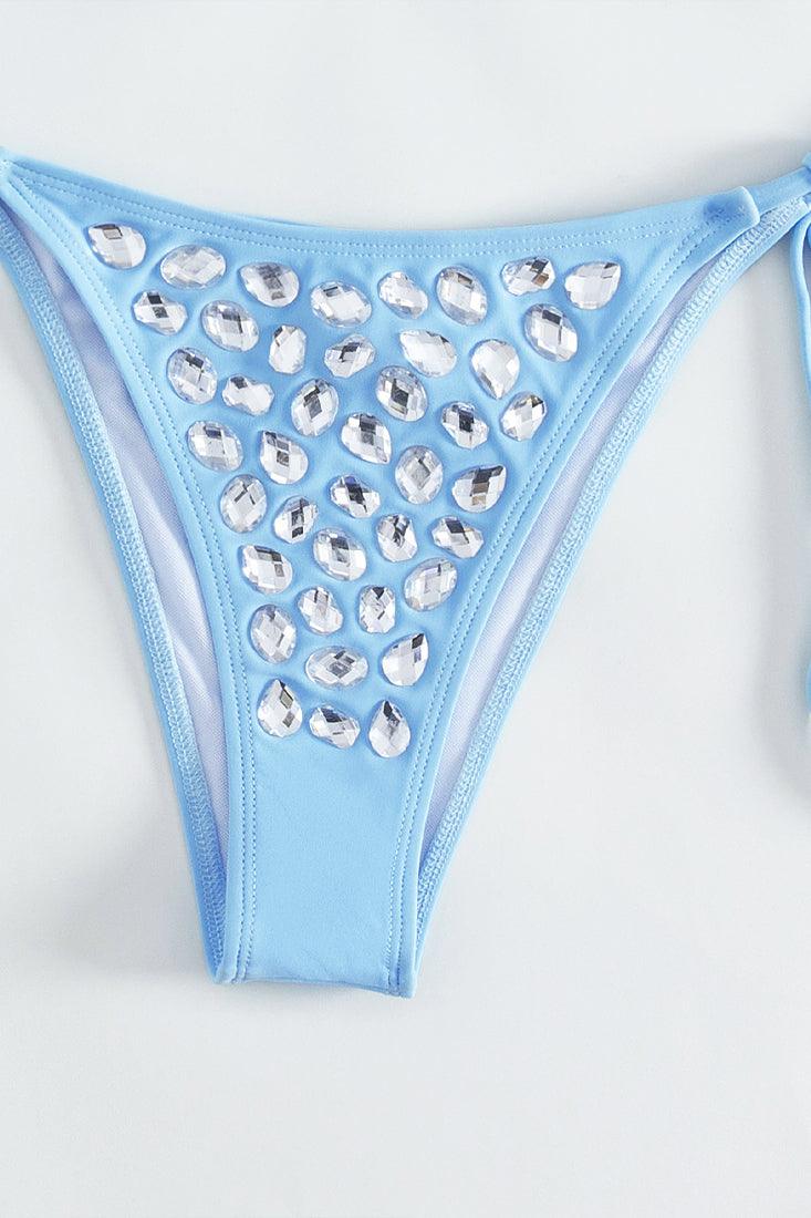 Light Blue Rhinestone Gem Cheeky 2 Pc Swimsuit Set Bikini - AMIClubwear