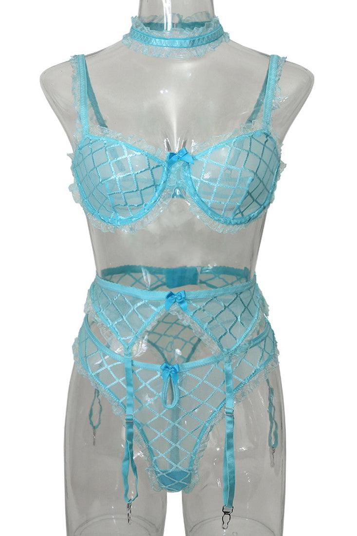 Light Blue Ruffle Mesh Underwire Thong Garter 4 Pc Lingerie Set - AMIClubwear