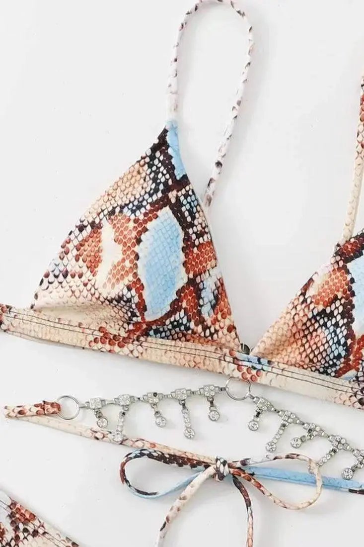 Light Brown Snake Print Rhinestone Cheeky 2Pc Swimsuit Bikini