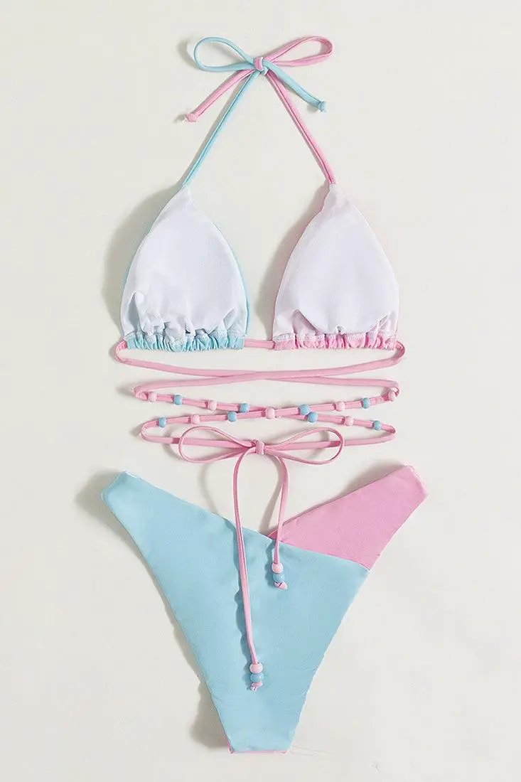 Light Pink Blue Strappy Beads Cheeky 2Pc Bikini Swimsuit Set