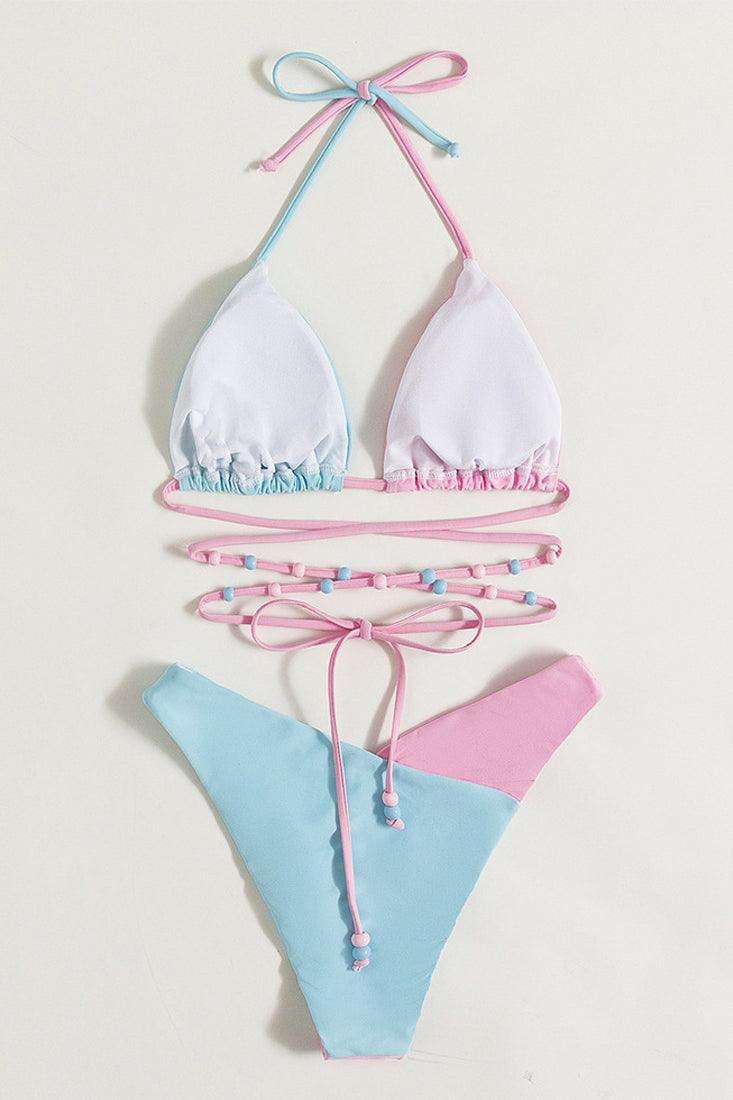 Light Pink Blue Strappy Beads Cheeky 2Pc Bikini Swimsuit Set - AMIClubwear