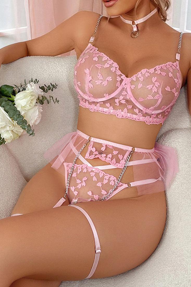 Light Pink Floral Embroider Mesh Tutu Garter Choker 6 Pc Lingerie Set - AMIClubwear