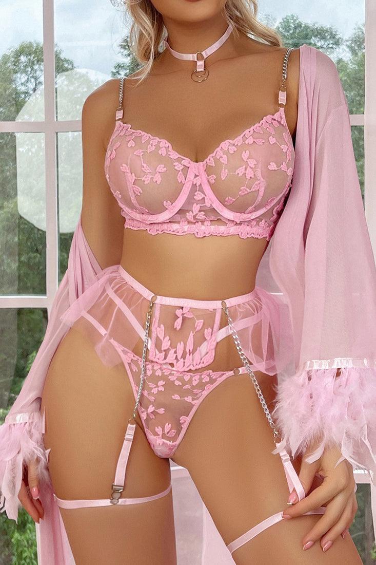 Light Pink Floral Embroider Mesh Tutu Garter Choker 6 Pc Lingerie Set - AMIClubwear