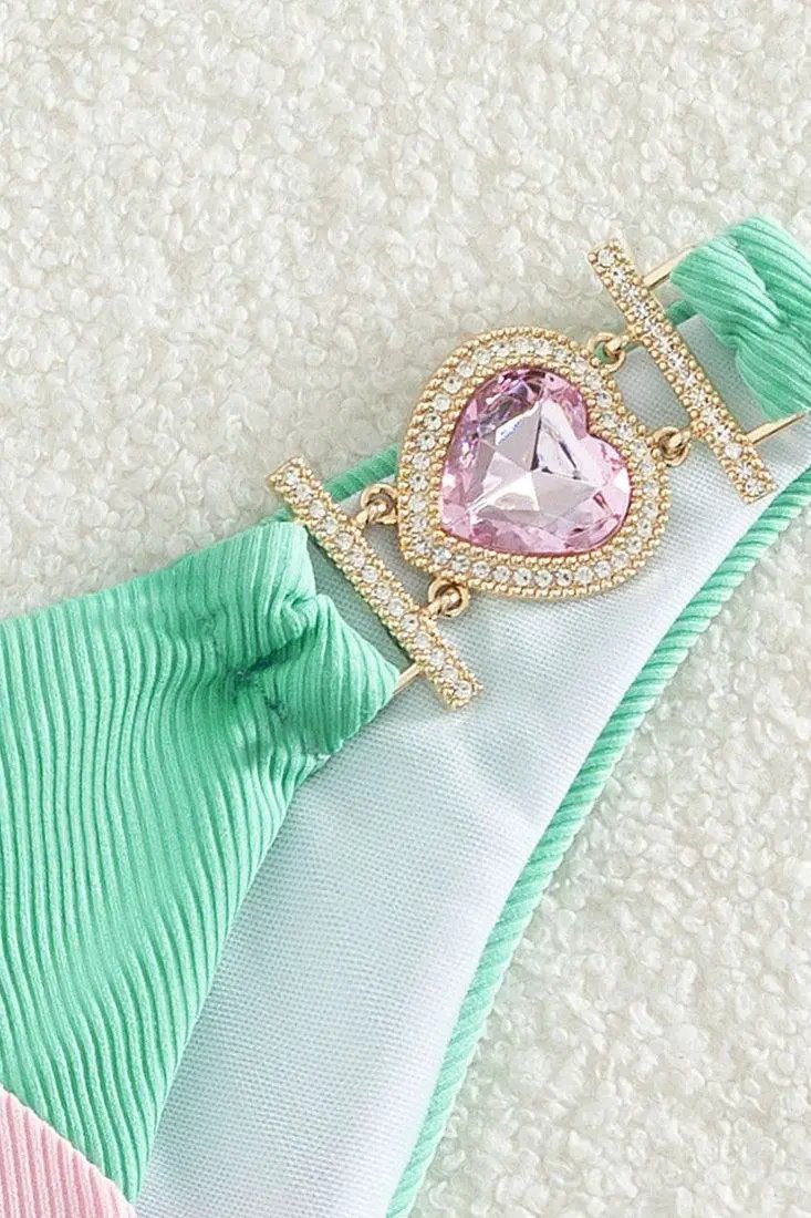 Light Pink Mint Rhinestone Gem Strappy Cheeky 2Pc Swimsuit Bikini