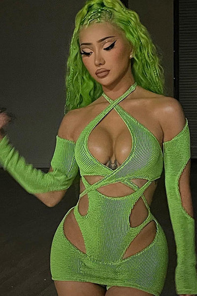 Lime Green Cutout Cross Strap Sexy Dress - AMIClubwear