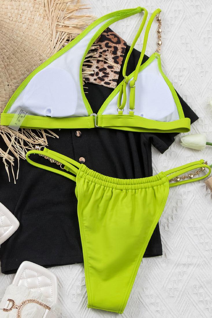 Lime Green Rhinestone Strap One Shoulder Cheeky Thong 2 Pc Swimsuit Set Bikini - AMIClubwear