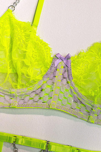 Lime Lavender Wired Chain 3Pc Thong Lingerie Set - AMIClubwear