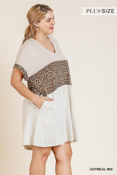 Linen Blend Short Folded Sleeve Animal Print Colorblocked V-neck Dress With Pockets - AMIClubwear