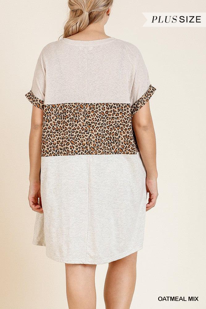 Linen Blend Short Folded Sleeve Animal Print Colorblocked V-neck Dress With Pockets - AMIClubwear