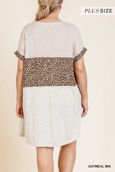 Linen Blend Short Folded Sleeve Animal Print Colorblocked V-neck Dress With Pockets - AMIClubwear