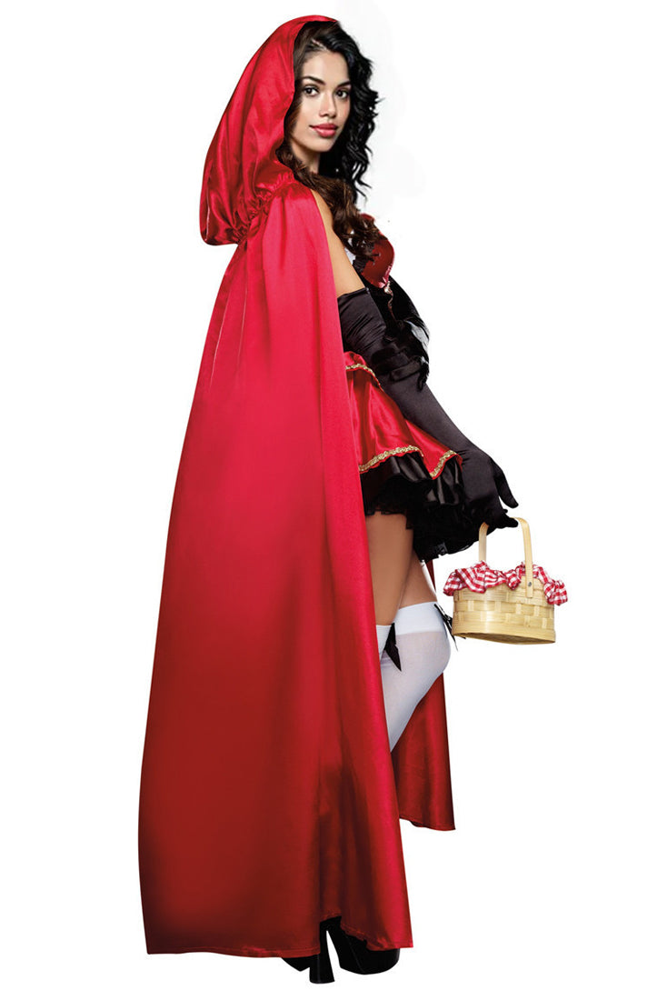 Little Red Black Ruffle Dress Cape Gloves Sexy 3Pc Riding Hood Costume