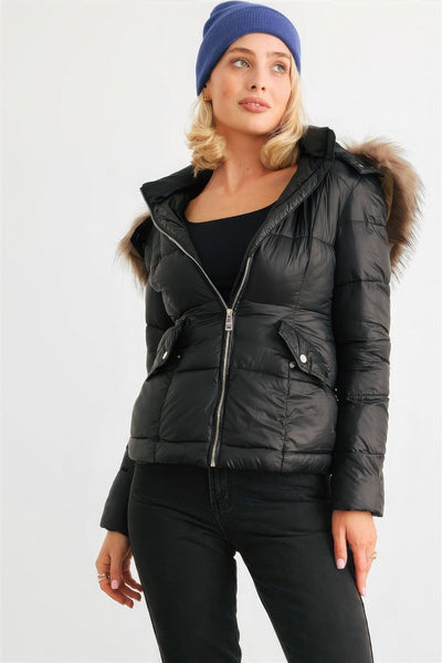 Long Sleeve Faux Fur Hood Padded Water Resistant Finish Jacket - AMIClubwear