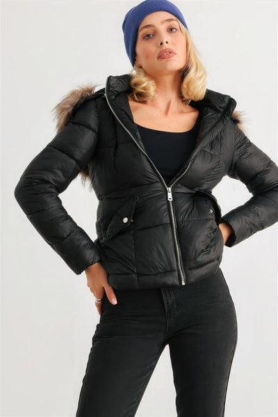 Long Sleeve Faux Fur Hood Padded Water Resistant Finish Jacket - AMIClubwear