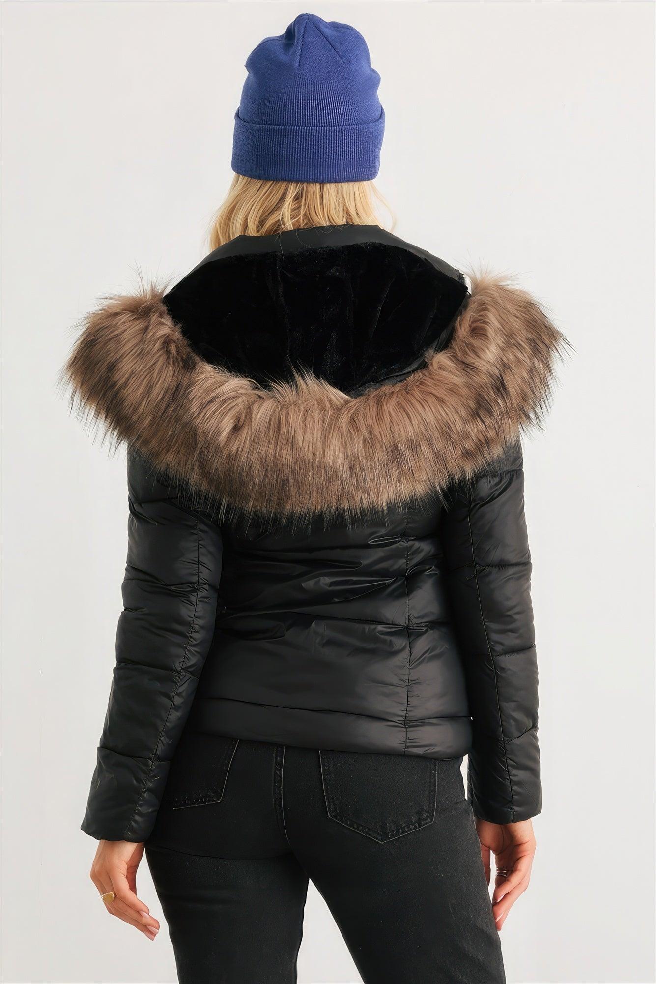 Long Sleeve Faux Fur Hood Padded Water Resistant Finish Jacket - AMIClubwear