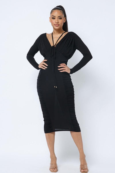 Long Sleeve Midi Dress With Low V Neck Front And Back With Ruching On Sides And Chest - AMIClubwear