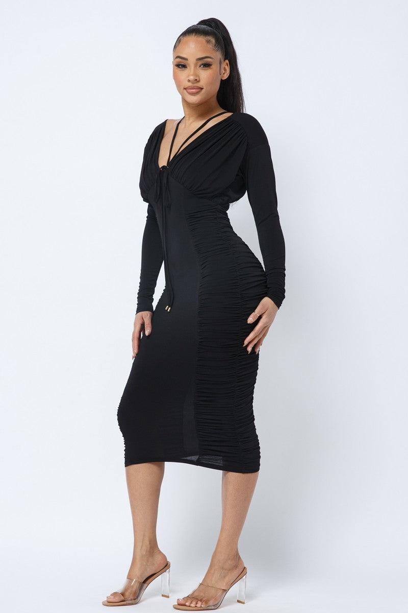 Long Sleeve Midi Dress With Low V Neck Front And Back With Ruching On Sides And Chest - AMIClubwear