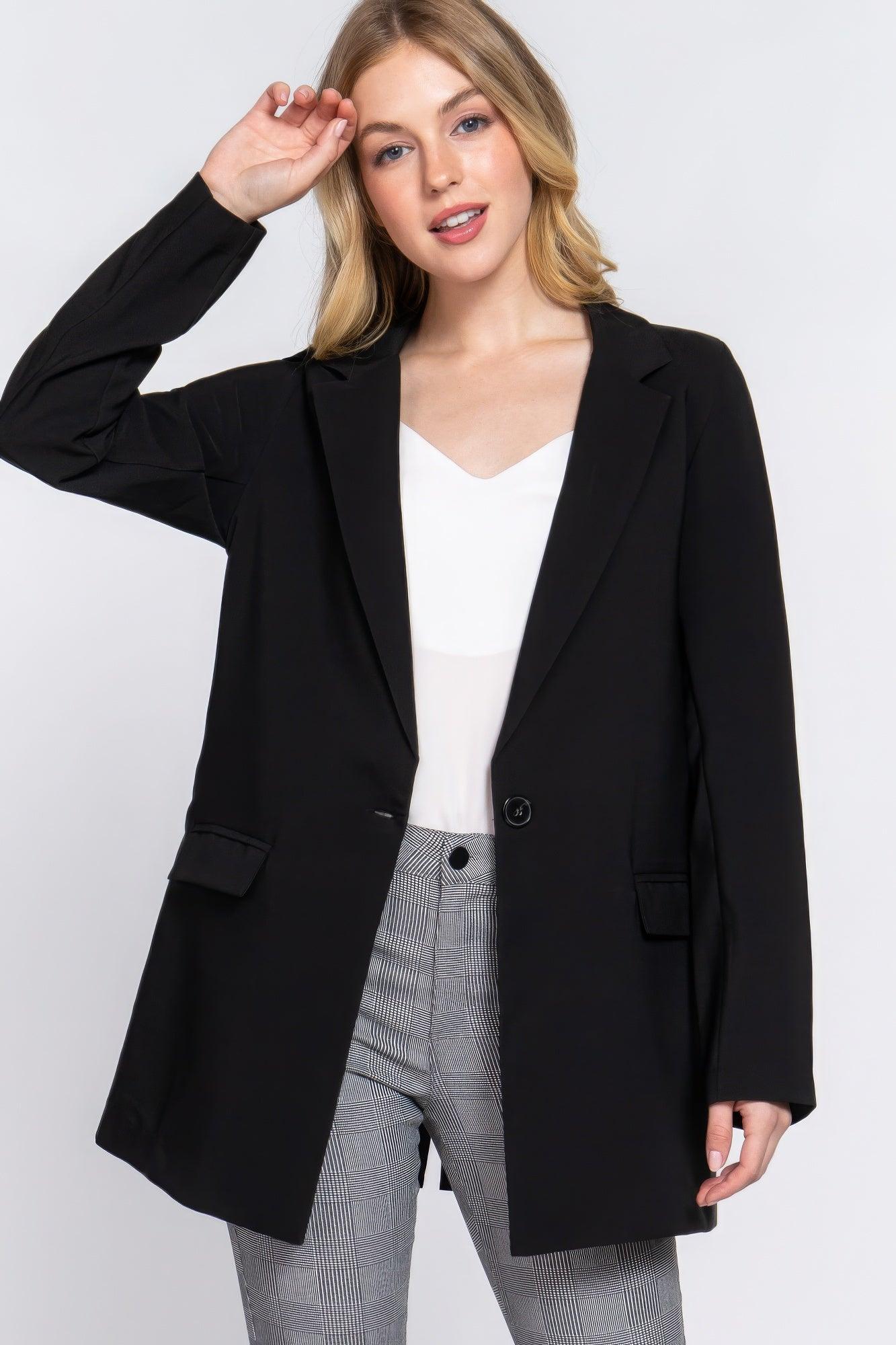 Long Sleeve Notched Single-breasted Tunic Blazer - AMIClubwear