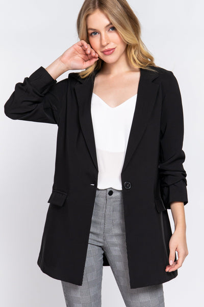 Long Sleeve Notched Single-breasted Tunic Blazer - AMIClubwear