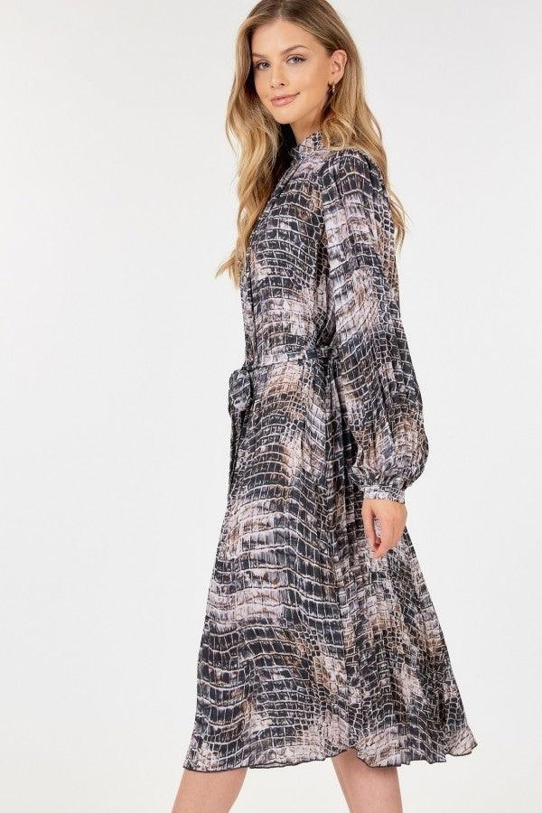 Long Sleeve Pleated Snake Skin Print Midi Dress - AMIClubwear