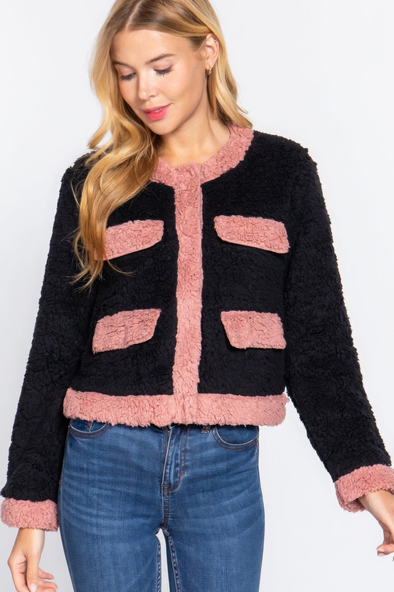 Long Sleeve Pocket Detail Faux Fur Jacket - AMIClubwear