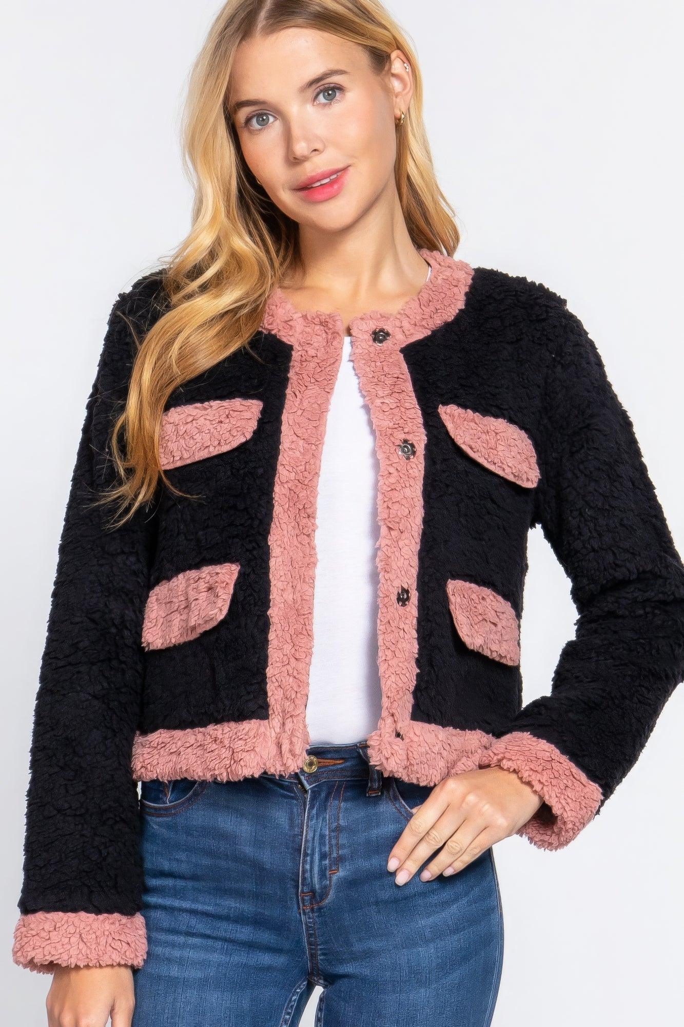 Long Sleeve Pocket Detail Faux Fur Jacket - AMIClubwear