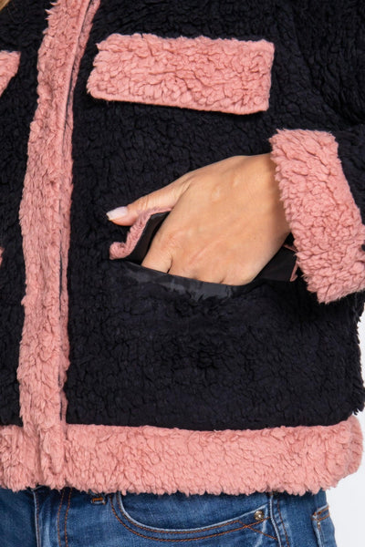 Long Sleeve Pocket Detail Faux Fur Jacket - AMIClubwear