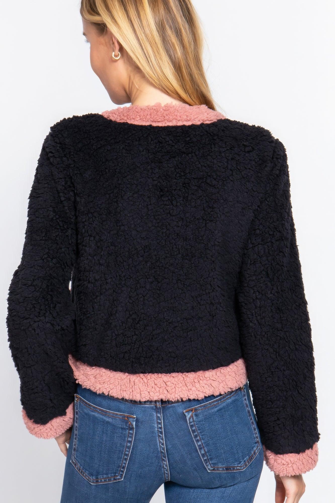 Long Sleeve Pocket Detail Faux Fur Jacket - AMIClubwear