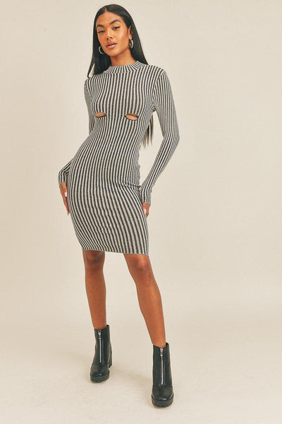 Long Sleeve Stripe Print Midi Dress - AMIClubwear