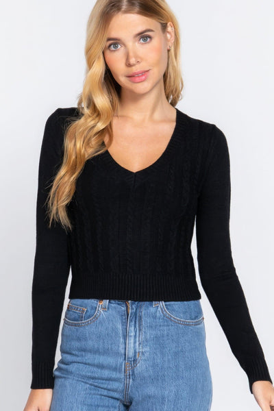 Long Sleeve V-neck Cable Sweater - AMIClubwear