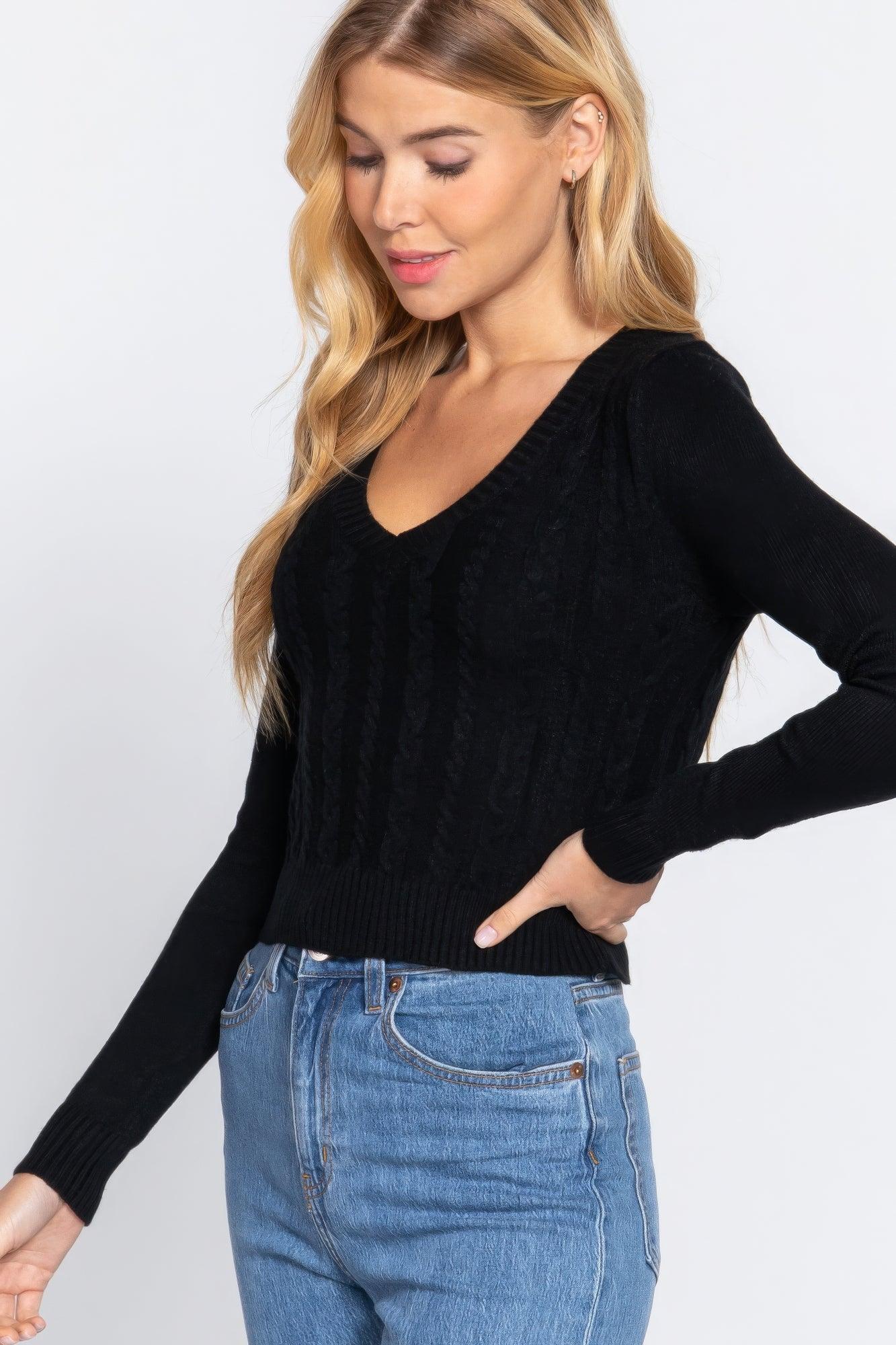 Long Sleeve V-neck Cable Sweater - AMIClubwear