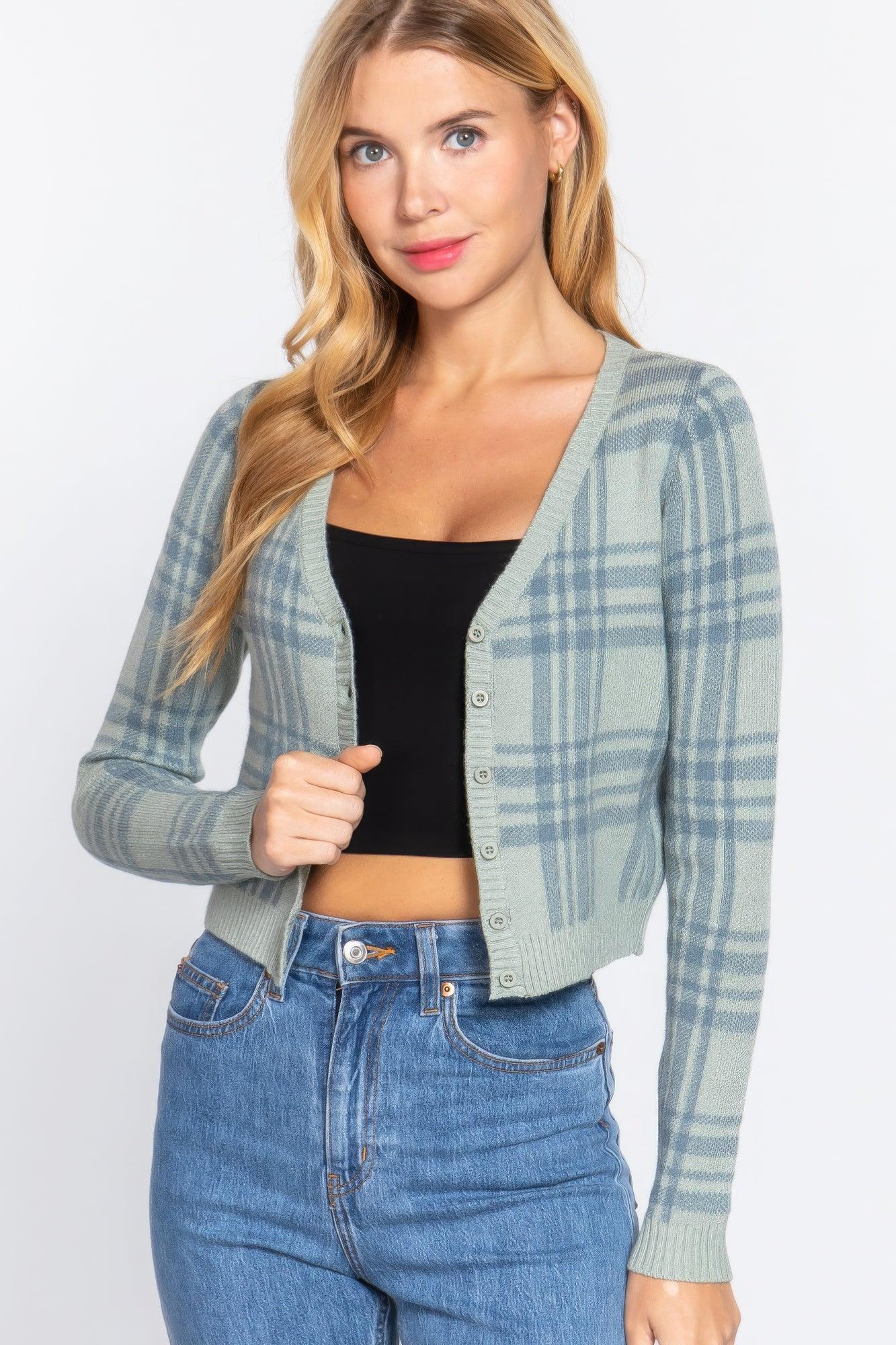 Long Sleeve V-neck Fitted Button Down Plaid Sweater Cardigan - AMIClubwear