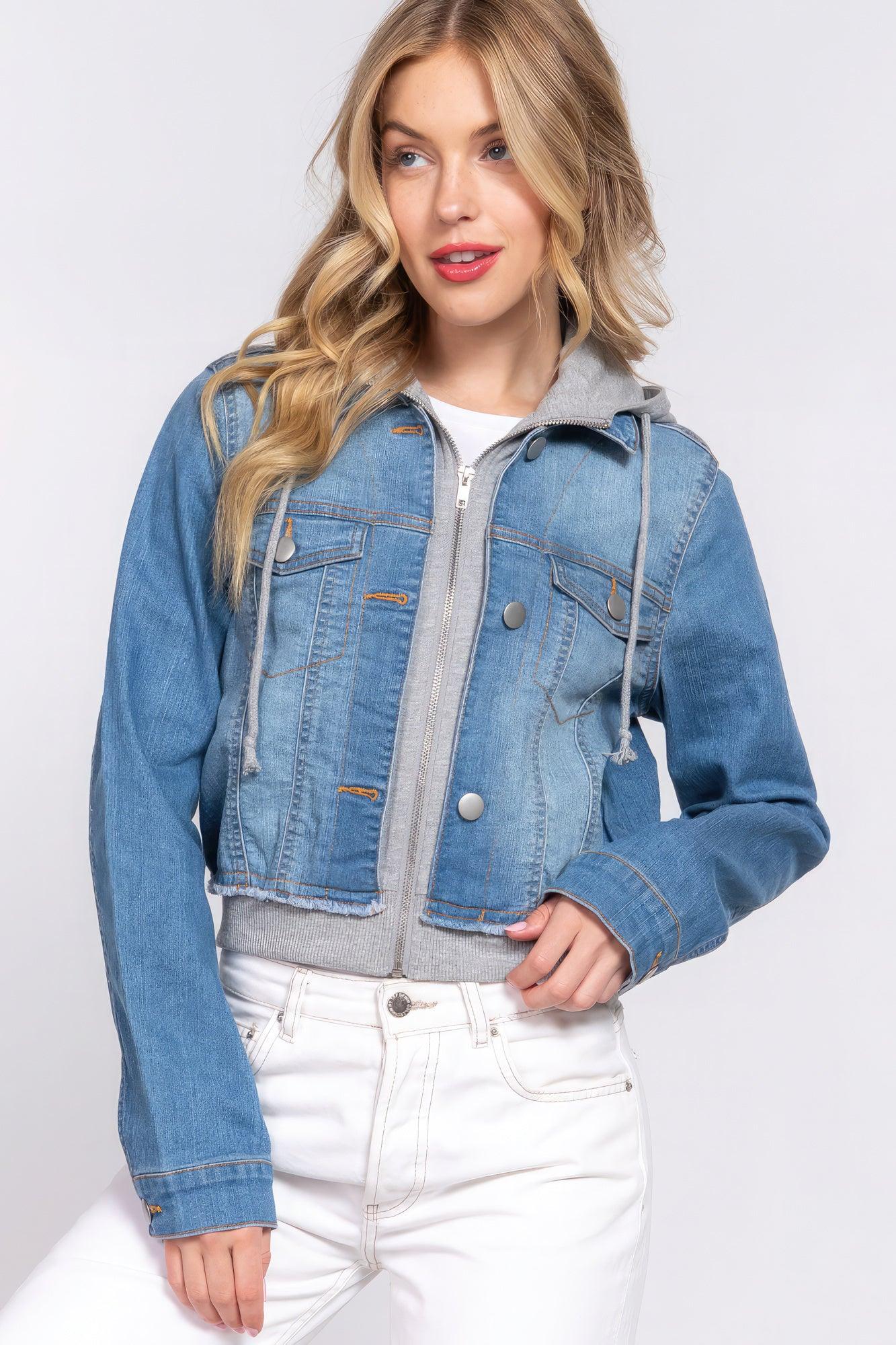 Long Slv Terry Hoodie Denim Jacket - AMIClubwear