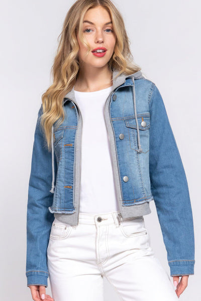 Long Slv Terry Hoodie Denim Jacket - AMIClubwear