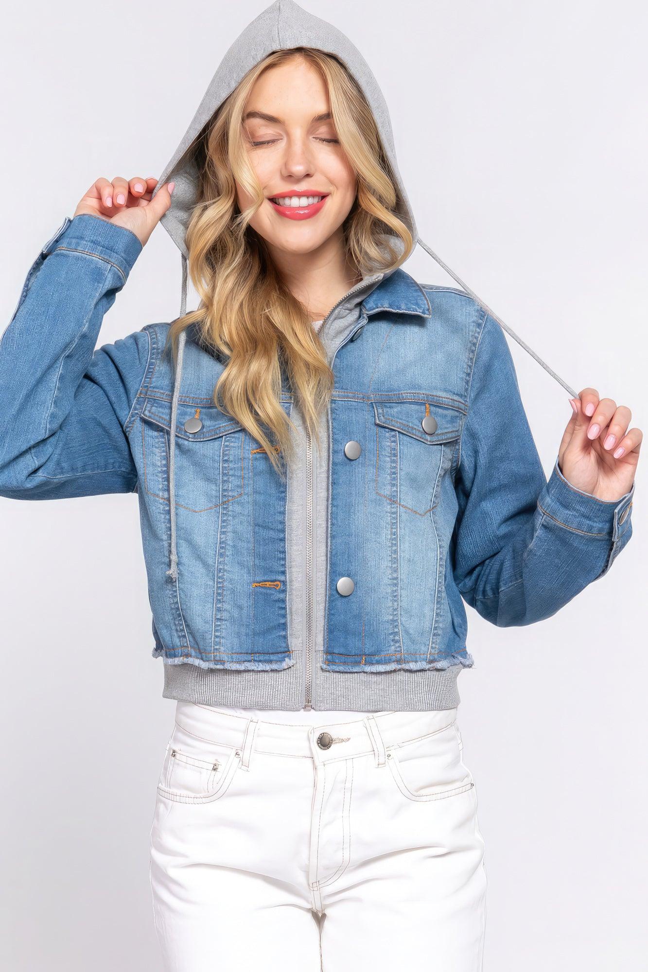 Long Slv Terry Hoodie Denim Jacket - AMIClubwear