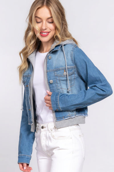 Long Slv Terry Hoodie Denim Jacket - AMIClubwear