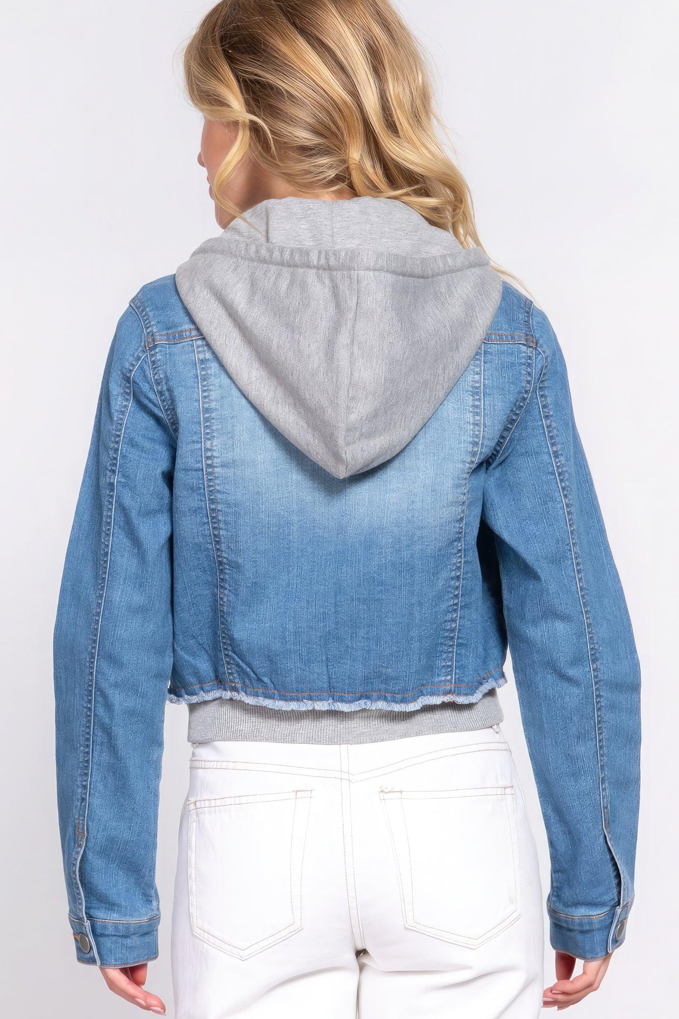 Long Slv Terry Hoodie Denim Jacket - AMIClubwear