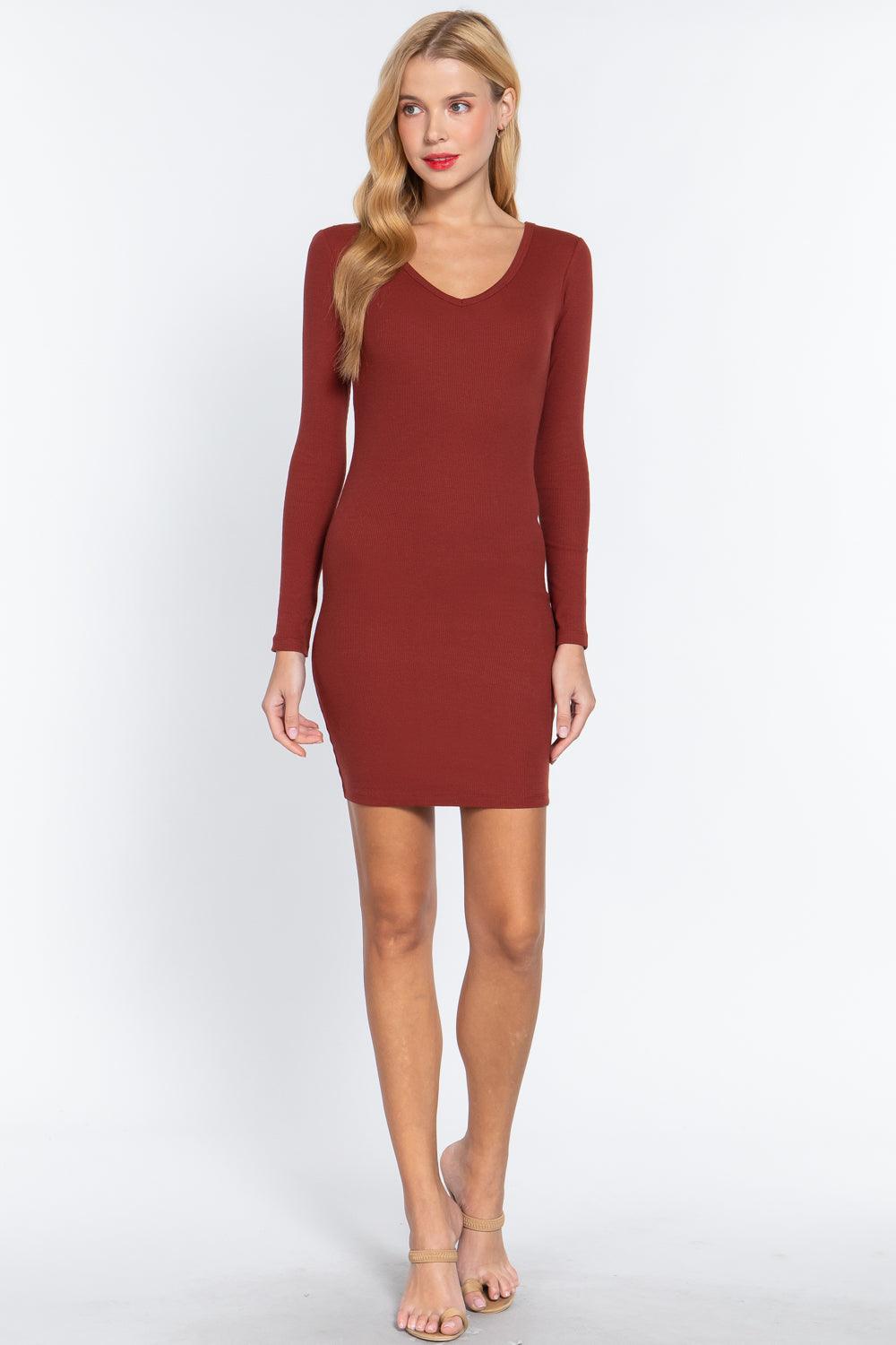 Long Slv V-neck Mini Rib Dress - AMIClubwear