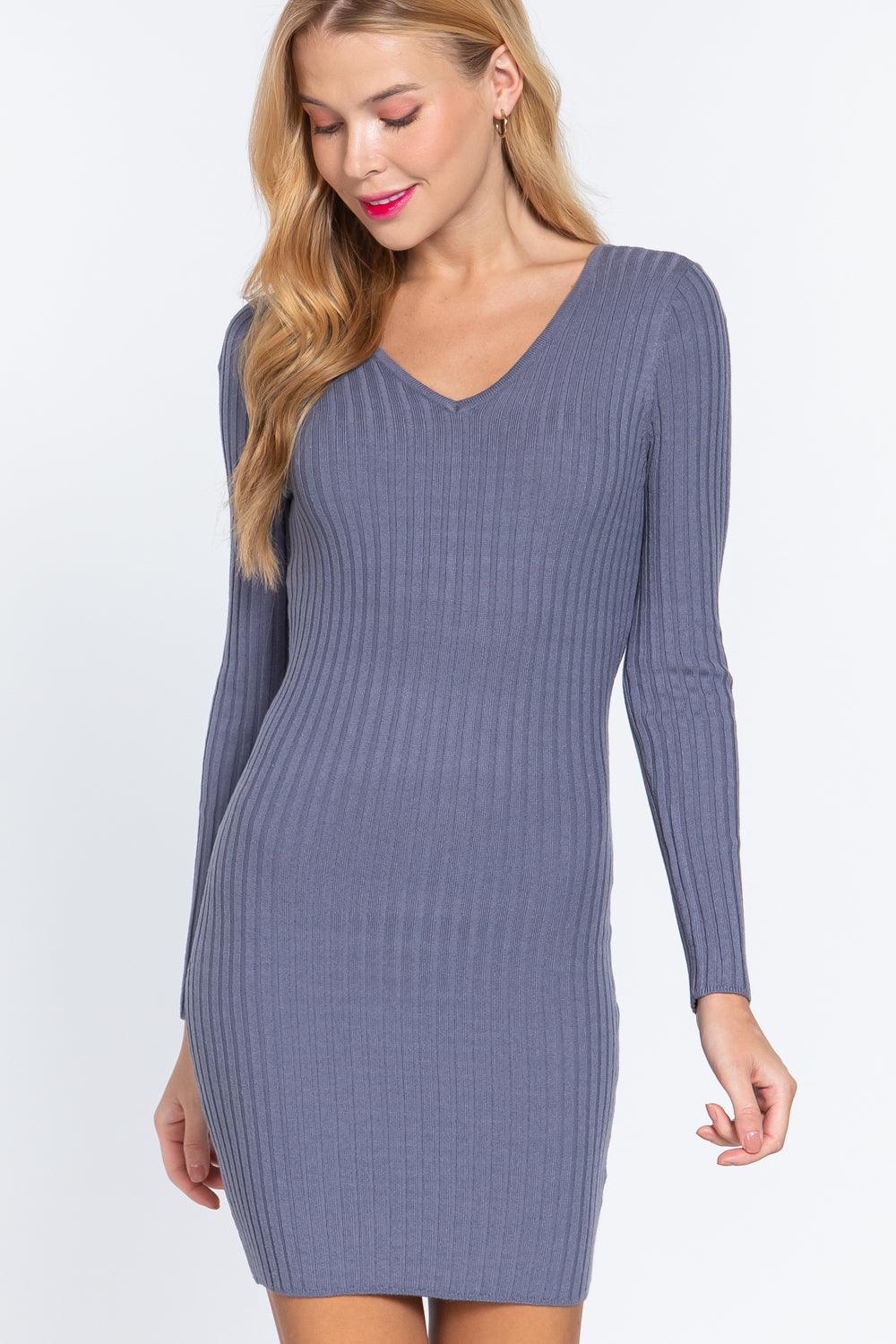 Long Slv V-neck Sweater Mini Dress - AMIClubwear